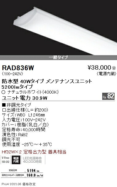 RAD836W 遠藤照明 軒下SOLID 40W×2灯 5200lm 4000K|タロトデンキ