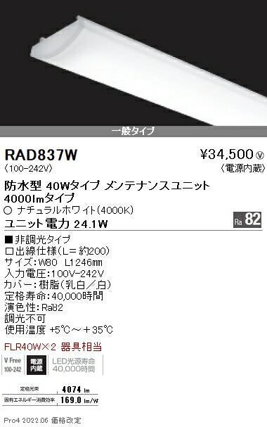 RAD837W 遠藤照明 軒下ＳＯＬＩＤ ４０Ｗ×２灯 ４０００ｌｍ ４０００Ｋ