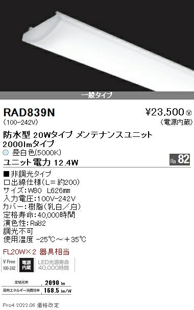 RAD839N 遠藤照明 軒下ＳＯＬＩＤ ２０Ｗ×２灯 ２０００ｌｍ ５０００Ｋ