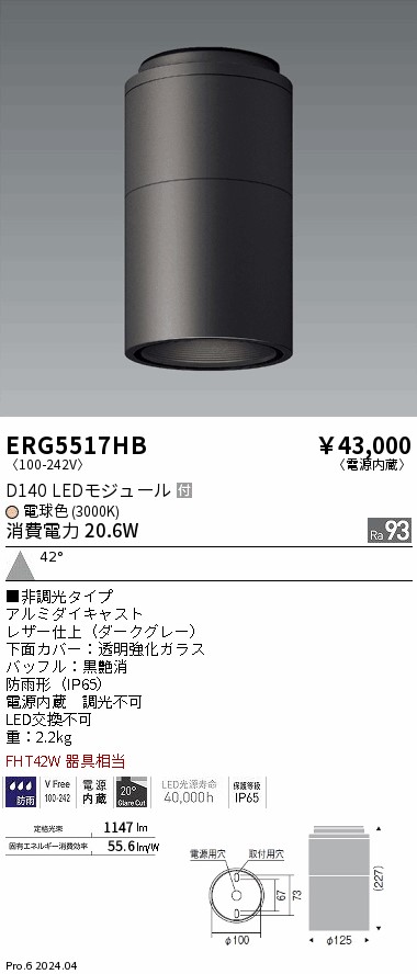 ERG5517HB 遠藤照明 COB屋外シーリングライト D140 電球色3000K｜タロトデンキ