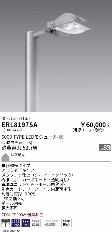ERL8197SA 遠藤照明 ポール灯 6000タイプ 昼白色5000K 拡散配光【ポール別売】【電源ユニット別売】