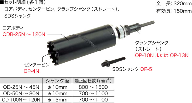 OD-70N ジェフコム ワンタッチダイヤモンドコア(フルセット、サイズφ70mm)|タロトデンキ