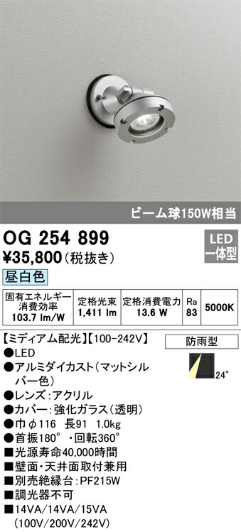 OG254899 オーデリック 屋外用LEDスポットライト[ミディアム配光](12.8W、昼白色)｜タロトデンキ