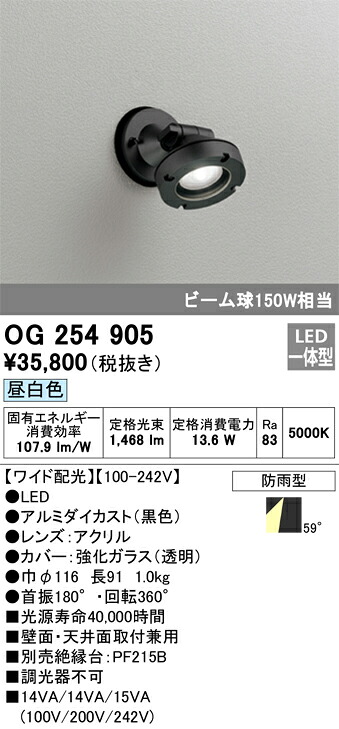 OG254905 オーデリック 屋外用LEDスポットライト[ワイド配光](12.8W、昼白色)｜タロトデンキ