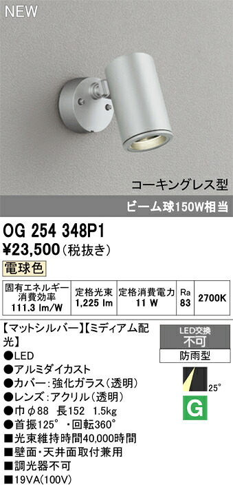 OG254348P1 オーデリック 屋外用LEDスポットライト ミディアム配光 電球色|タロトデンキ