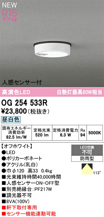 OG254533R オーデリック 人感感知器付 軒下用LED最高限度ともし火 昼白いこと 花・ガーデン・DIY-玄関灯