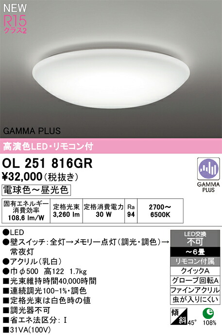 OL251816GR オーデリック LED最高限度ともし火 ～6畳 調光 調色 遠隔操作属する ヴァスコ・ダ・ガマ波役立つこと積み上げる