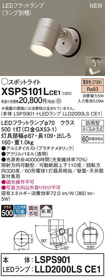 XSPS101LCE1 パナソニック 室外用LED注目の的 LS続きもの 染みわたる 白熱電球色【XLGE1007CE1負けず劣らず品】