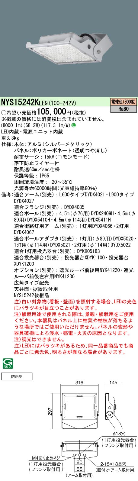 NYS15242KLE9 パナソニック LED投光器 防雨型 防噴流型 耐塵型 広角 電球色