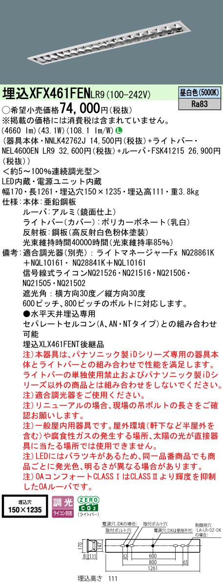 XFX461FENLR9 パナソニック 押し並べて型埋込LED軍事基地ともし火 iD続きもの CLASS1[6900ルーメン印字機](調光型、昼白いこと)【XLX461FENTLR9のあと継ぎ機種】
