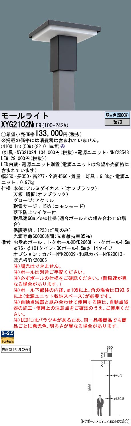 XYG2102NLE9 パナソニック LEDショッピングセンターともし火灯具 ワット数別置型 角型極点用 取りつくろう向け 昼白いこと【灯具のみ】【極点別売】