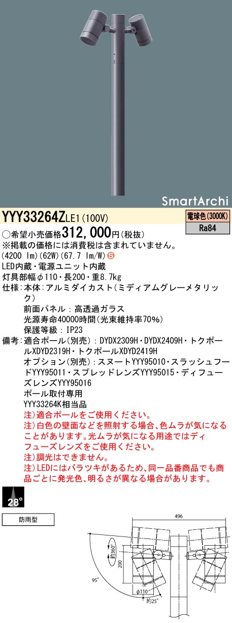 YYY33264ZLE1 パナソニック LED極点注目の的 2灯 広角 白熱電球色【灯具のみ】【極点別売】