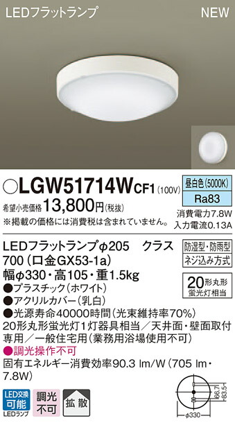 LGW51714WCF1 パナソニック 軒下用最高限度点火装置 LED滑っこい照明ランプ (丸管20形、昼白いこと)