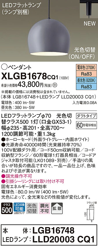 XLGB1678CQ1 パナソニック 導線導管用LEDシャンデリヤともし火 光色うつり変わり 白熱電球色 昼光色