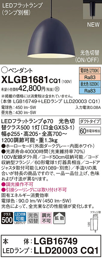 XLGB1681CQ1 パナソニック 配線ダクト用LEDペンダントライト 光色切替 電球色 昼光色｜タロトデンキ