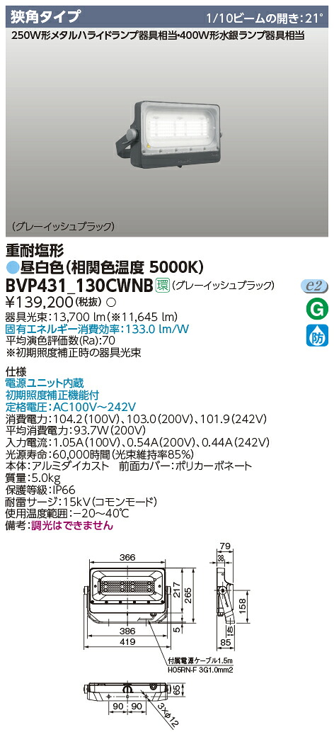 BVP431-130CWNB 東芝 LED小型投光器 重耐塩形 狭角 昼白色