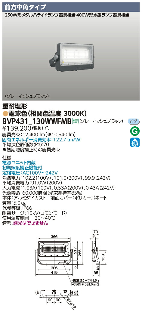 BVP431-130WWFMB 東芝 LED小型投光器 重耐塩形 前方中角 電球色