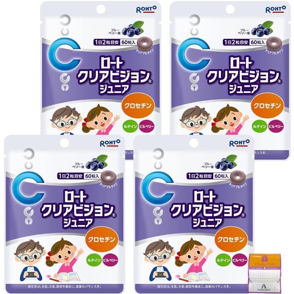 【4個セット】 ロート クリアビジョン ジュニア ブルーベリー味 60粒×4個 ドーナツ型チュアブル チャック付きジッパー袋 Anniversarich プチギフト付