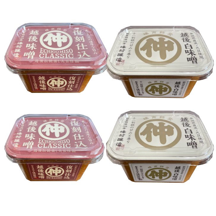 越後白味噌500g×2PC と復刻仕込み越後味噌500g×２PC 合計４ＰＣ セット 新潟人気店 峰村醸造 国産大豆使用 ギフト 贈り物 おしゃれ