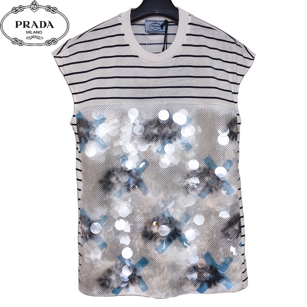 【新品】確実正規品 PRADA　プラダ ストライプ スパンコール Tシャツ ブルー 青　レディース｜s-shop ブランド買取 販売