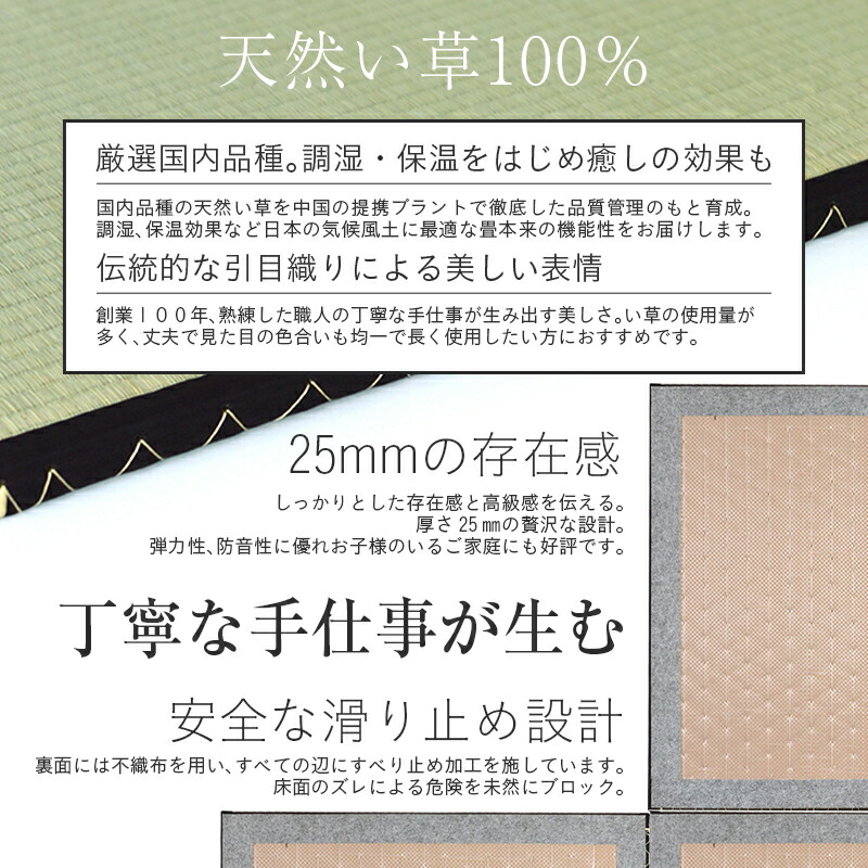 フローリングに置くだけ簡単 爽やかなイ草の香り 丈夫な縁付きタイプの置き畳 吸着性の高い滑り止めシート付き 畳 安心の国内製造と1年間保証 中国産い草畳 置き畳 琉球畳 カーペット マット 畳 畳 ユニット畳 い草製畳 縁付き畳 cm 厚み2 5cm 4枚セット サイズ