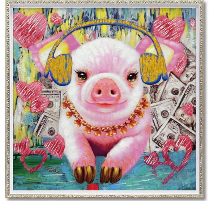 オイルペイントアート　バブル ピッグ（Mサイズ）こぶた 　子ぶた　おしゃれ　絵　額 絵画 アート 手書き 油絵 御祝　結婚祝い　記念品　ギフト　プレゼント　贈答品　開店祝い　新築祝い　贈り物　インテリア