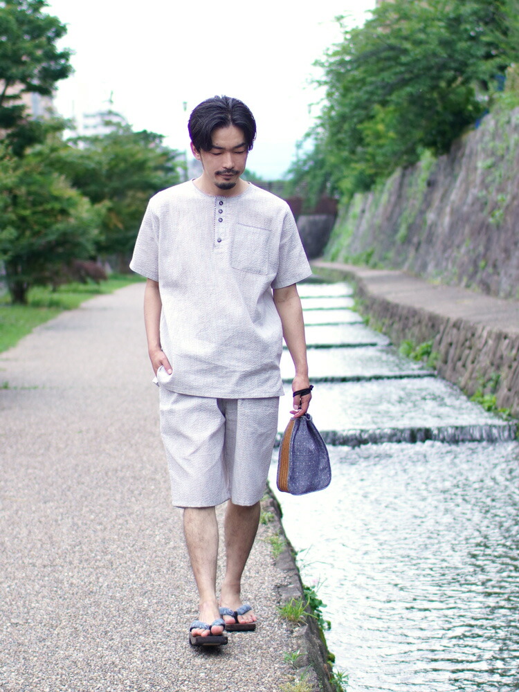 祝開店大放出セール開催中 甚平 オーガニックコットン Unito パジャマ 父の日 ギフト ヘンリーネック 綿 コットン 涼しい 男性 Qdtek Vn