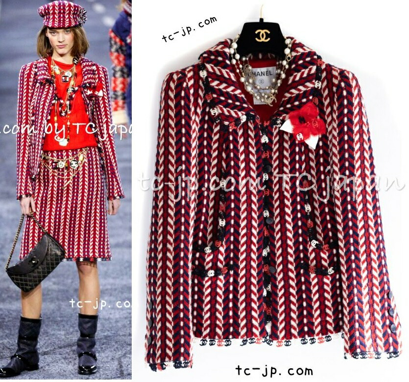 [中古] シャネル 上衣 CHANEL 赤いこと トリコロール 羊毛 押さえる版 コレクティブル ツィード CC目じるし過半数 胸飾り付 新品負けず劣らず 36