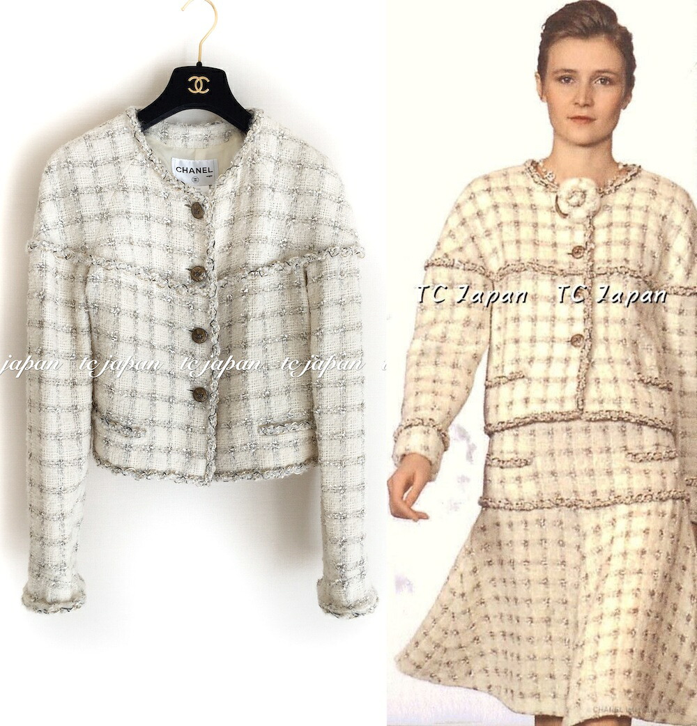 [中古] シャネル 上衣 CHANEL 89万 象牙色 皮膚軟化剤 チェーン店 ブレイド 刈り込み 否色合い ツィード 長い巻き毛・ラガーフェルド 超美品 40 コート・ジャケット-レディースファッション