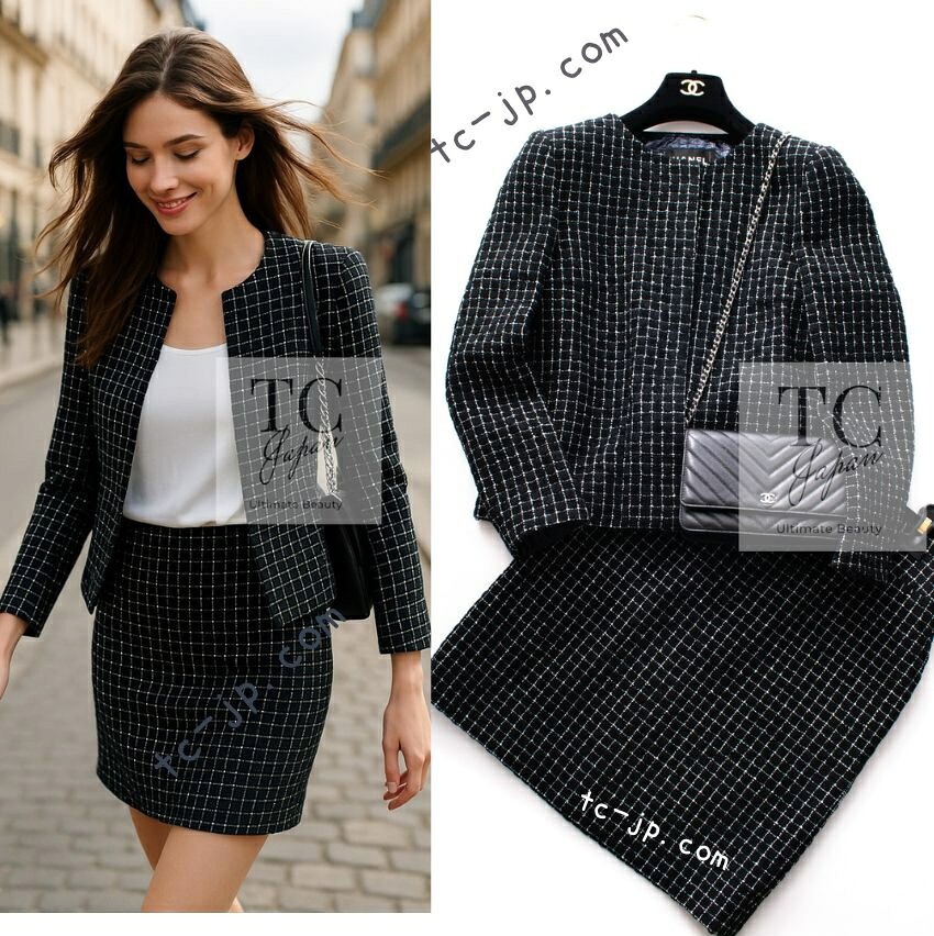 [中古] シャネル ジャケット スーツ CHANEL 90万 ブラック チェック CC ライオン装飾 スカート カール・ラガーフェルド作品 超美品 36