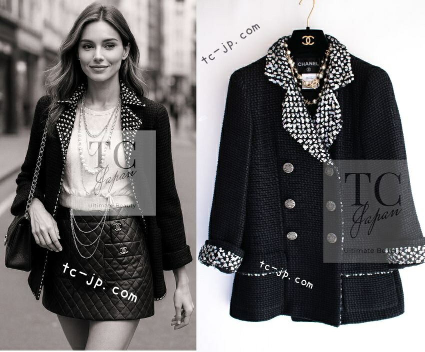 [中古] シャネル 上衣 CHANEL 100万 黒いこと 地絹 羊毛 スパンコール ツィード ダブル 長い巻き毛・ラガーフェルド細工物 超美品 38