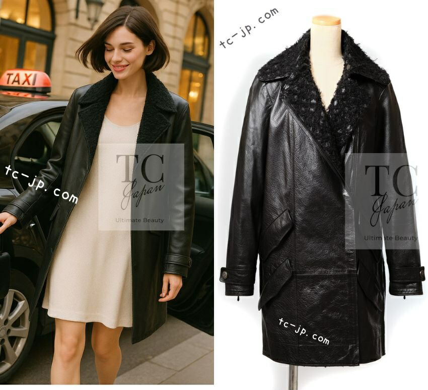 [中古] シャネル 上衣 厚地の外套 CHANEL 黒いこと 自動自転車 子ヒツジ人はだ なめし革 長い巻き毛・ラガーフェルド細工物 価値高い 超美品 38 40