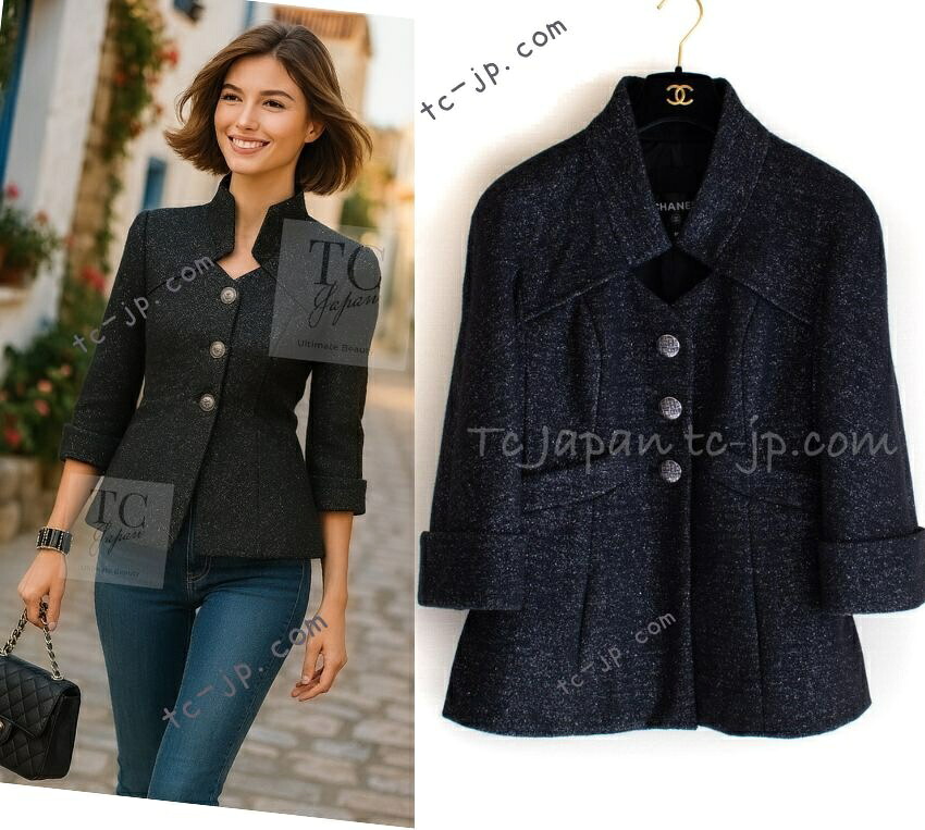 [中古] シャネル ジャケット コート CHANEL 54万 ブラック メタリック 肉厚 ふんわり 軽い ウール 黒 高見え カール・ラガーフェルド作 新品同様 紙タグ付 40 レア貴重｜TC-Japan 店