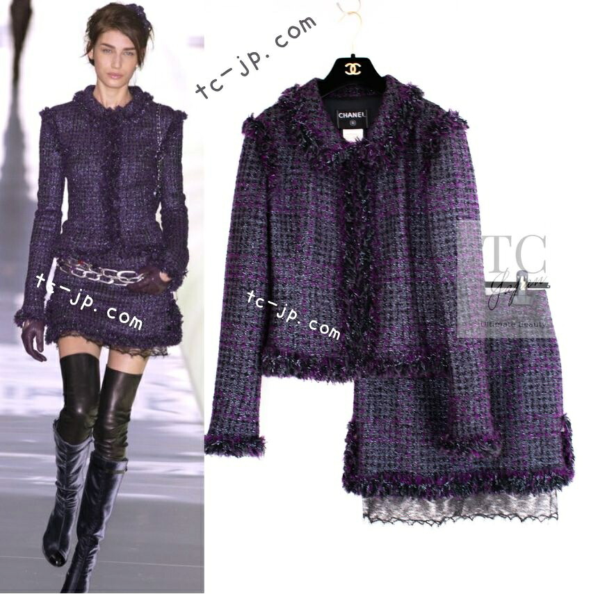 [中古] シャネル 上衣 背広 CHANEL 126万 パープル 黒いこと 羊毛 ツィード スコート 長い巻き毛・ラガーフェルド細工物 38 40