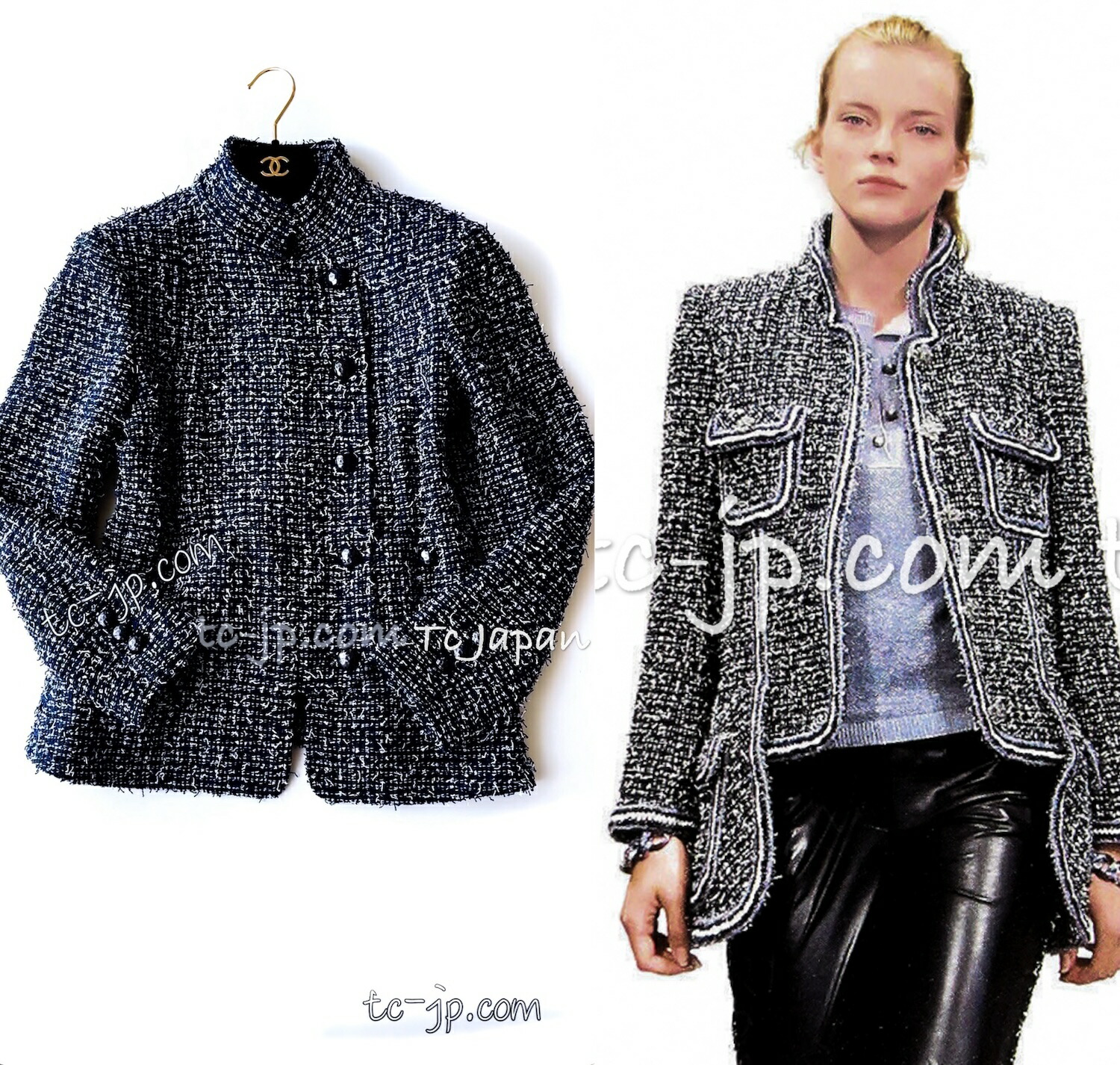 [中古] シャネル ジャケット CHANEL ネイビー ブルー スタンド襟 ジッパー ツイード ココボタン カール・ラガーフェルド 超美品 38 40｜TC-Japan 店
