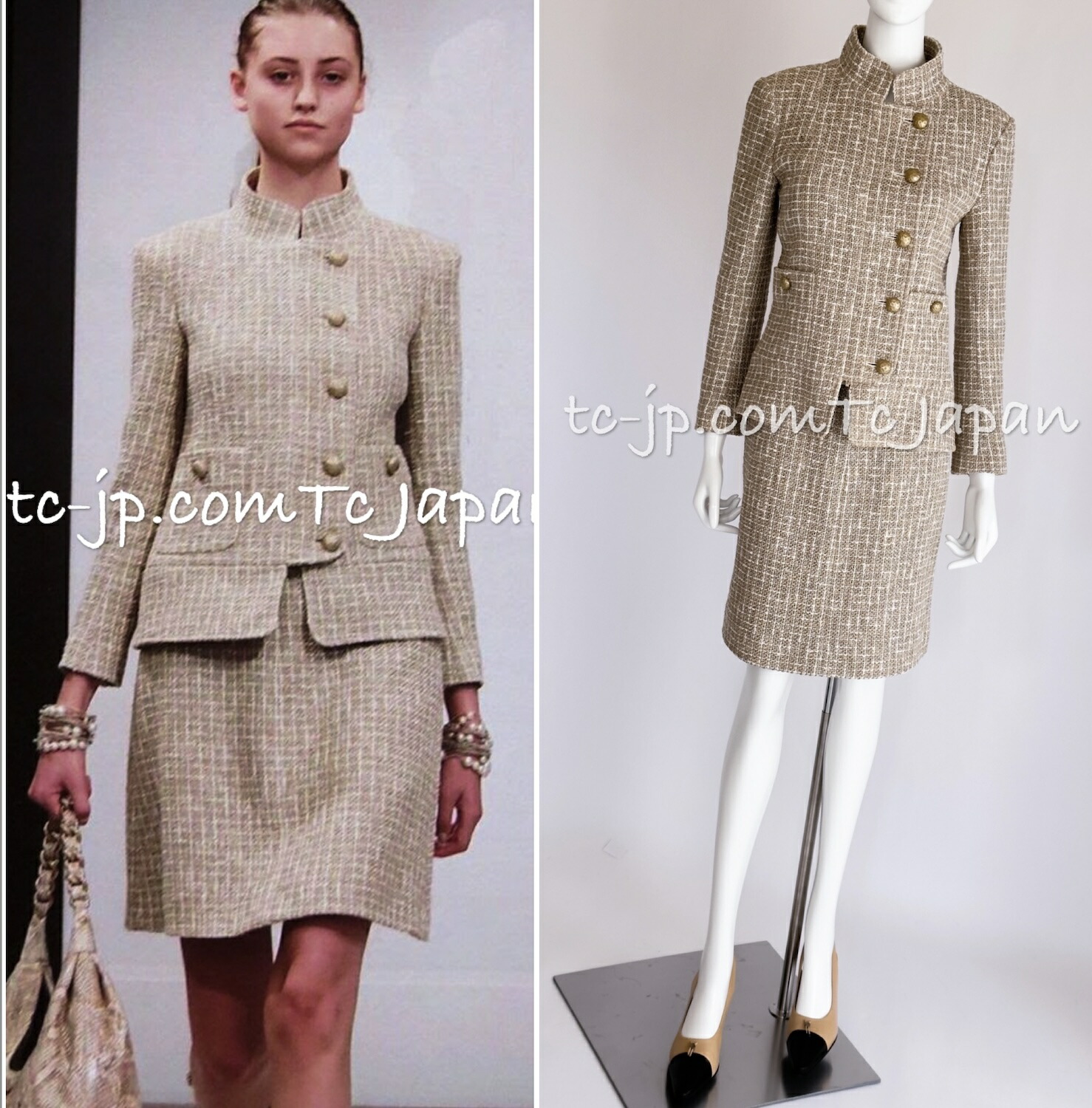 [中古] シャネル 上衣 背広 CHANEL ベージュ 象牙色 綿織物 ツィード スコート 長い巻き毛・ラガーフェルド細工物 超美品 36 38