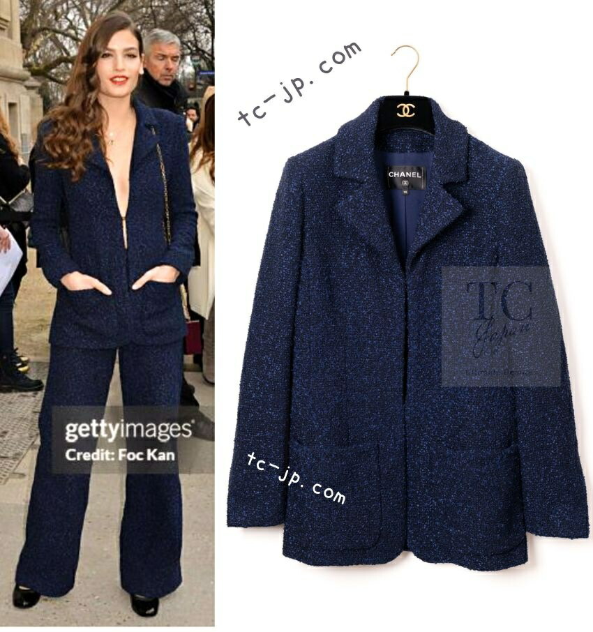 [中古] シャネル ジャケット CHANEL ネイビー ブルー ツイード シルバー プレート ココボタン カール・ラガーフェルド 超美品 38