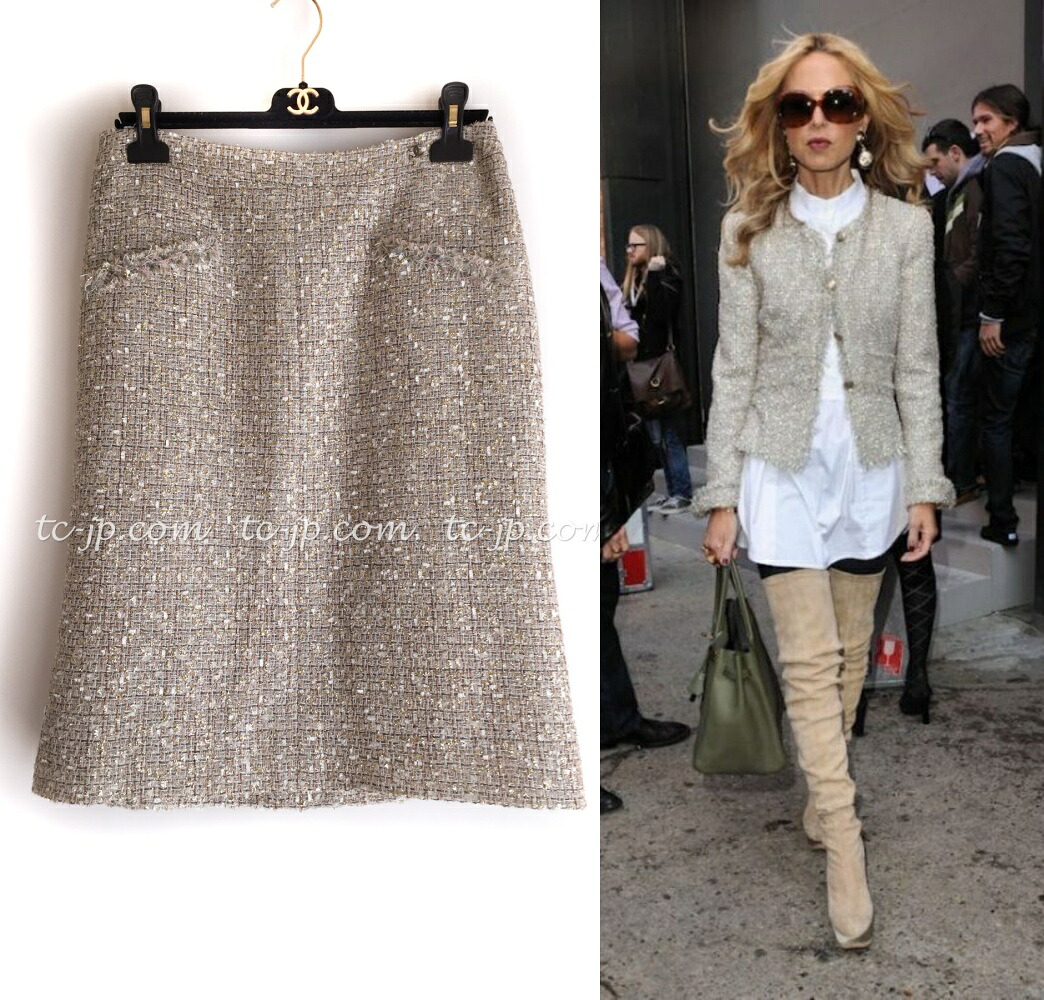 [中古] シャネル スカート CHANEL ベージュ メタリック コットン ルサージュ 春夏 サマー ツイード 貴重 レア 超美品 44 カールラガーフェルド 美人見え｜TC-Japan 店