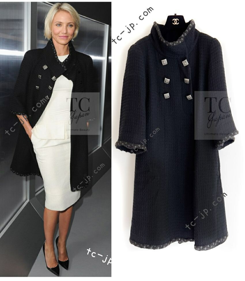[中古] シャネル 上衣 厚地の外套 CHANEL 黒いこと 黒 真四角 グリポワ 名取り草 羊毛 ツィード メティエダール 長い巻き毛・ラガーフェルド 価値高い 超美品 36 38