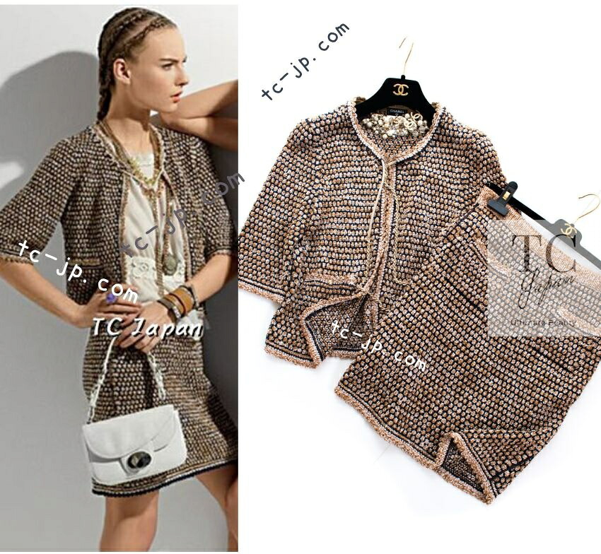 [中古] シャネル ジレー スコート CHANEL 三鞭酒 ゴールド ベージュ 女役者の 春夏さらり 朱夏 編み物 長い巻き毛・ラガーフェルド 超美品 34 36 38