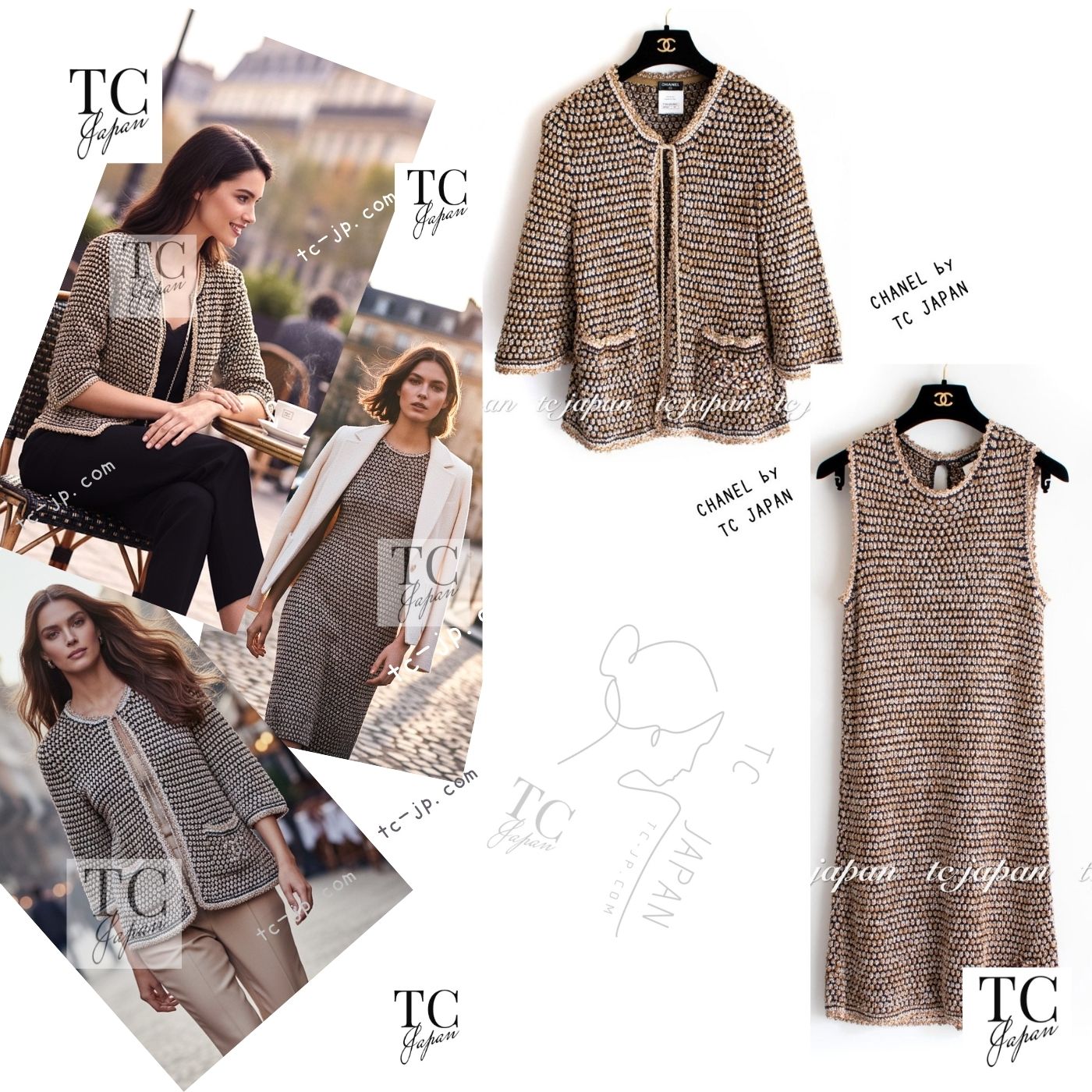 [中古] シャネル カーディガン ワンピース CHANEL シャンパン ゴールド ベージュ ネイビー 女優の 春夏さらり サマー ニット セット 超美品 38