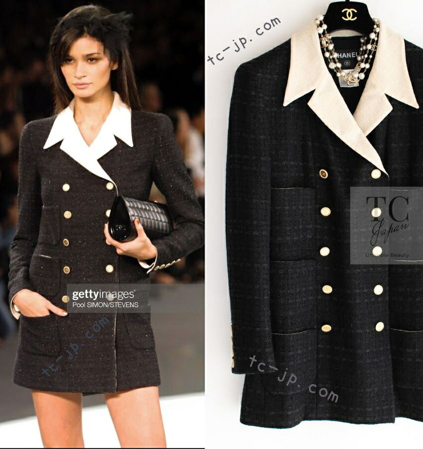 [中古] シャネル コート ジャケット CHANEL ブラック 黒 ベージュ アイボリー ダブル ココボタン 春夏 サマー ツイード カール・ラガーフェルド 超美品 42 ランウェイ登場｜TC-Japan 店