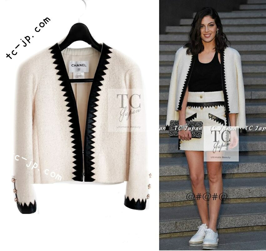 [中古] 83万 シャネル 上衣 CHANEL 象牙色 羊毛 モヘヤ なめし革刈り込み ゴールド パール名取り草 晴れ晴れしい 超美品 34 カールラガーフェルド 価値高い メティエダール最高峰