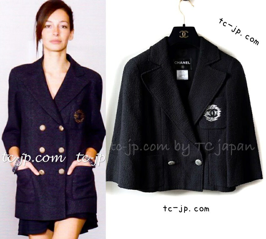 [中古] シャネル 上衣 CHANEL 黒いこと黒 CCロゴタイプ しろがね色刺しゅう 綿織物 春夏 炎節 ツィード ココマーク 長い巻き毛・ラガーフェルド細工物 大人気 美品 34 36 38 レディースファッション-コート・ジャケット