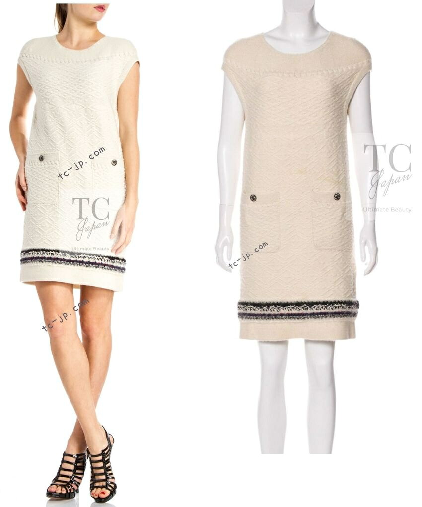 [中古] シャネル ワンピース CHANEL アイボリー ココボタン カシミア 100% 着心地楽チン ゆったりストレッチ ニット カール ラガーフェルド 45万 人気 定番 超美品 42｜TC-Japan 店