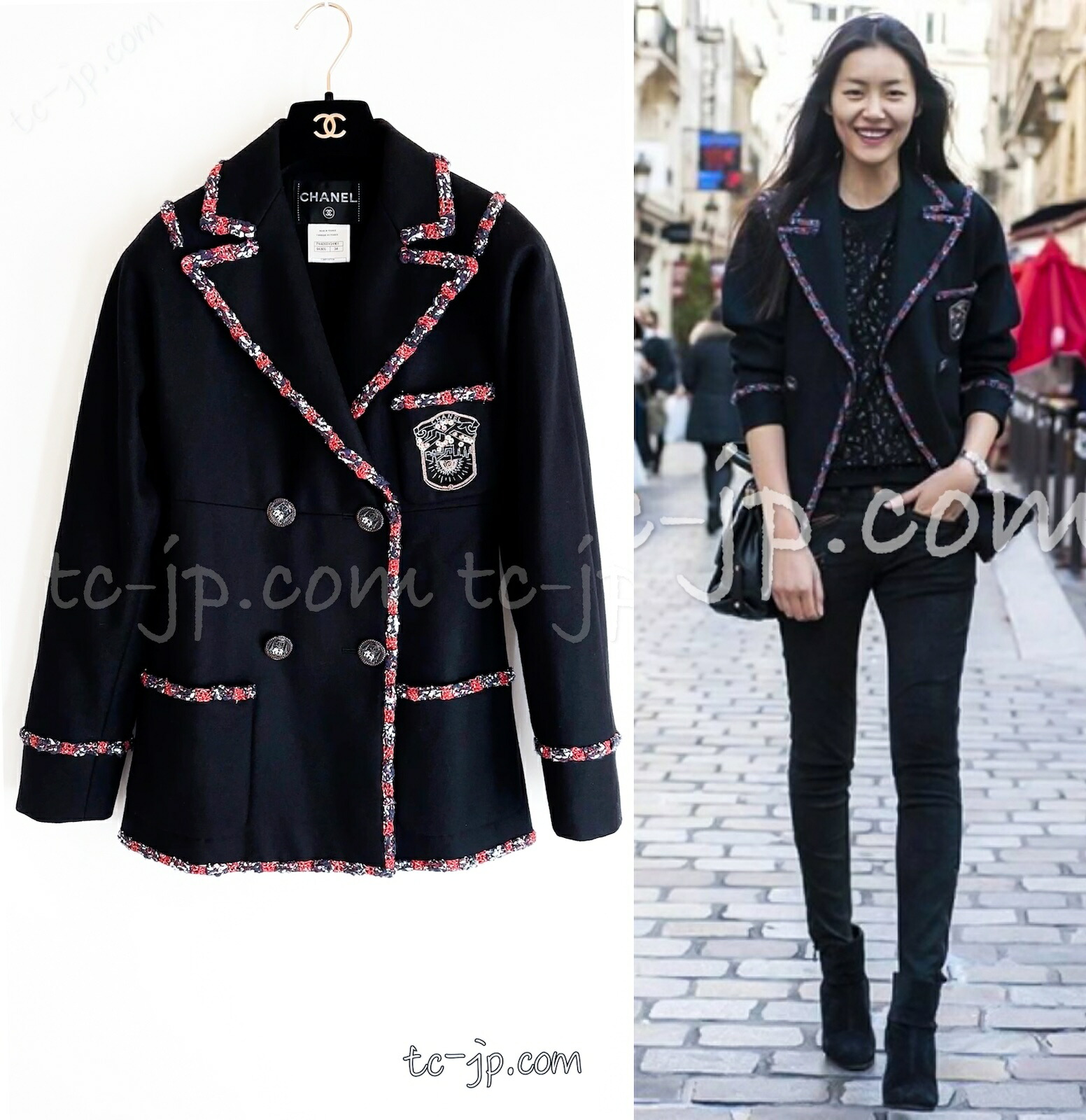 [中古] シャネル ブレザー ジャケット CHANEL ブラック エンブレム ウール カシミヤ 107万 ぞうさん ボタン カール・ラガーフェルド 超美品 34 38