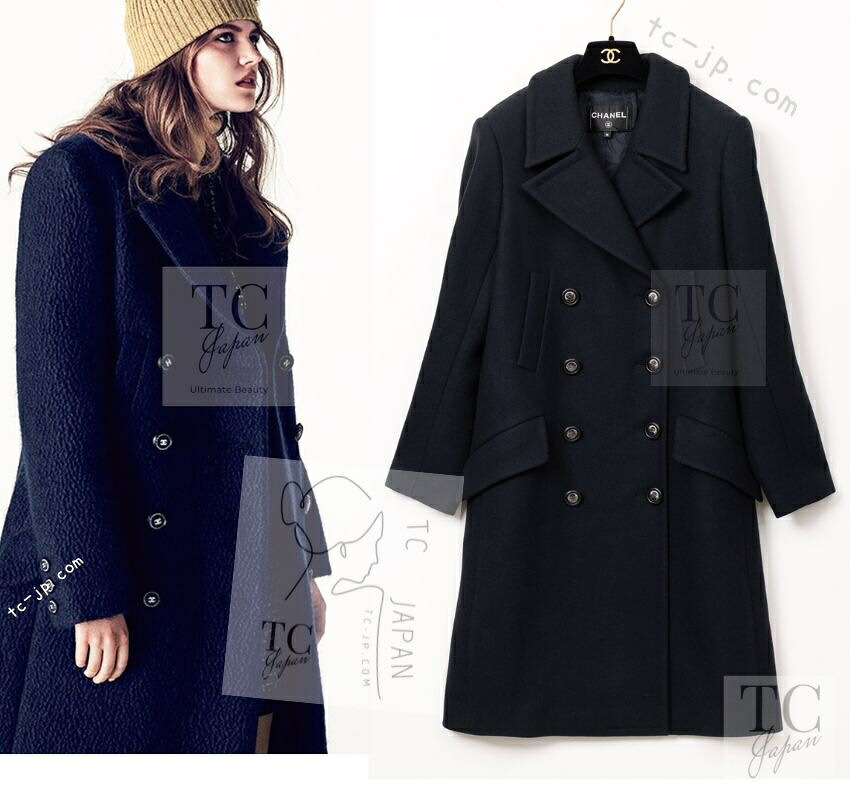 [中古] シャネル 厚地の外套 CHANEL ほぼ黒 濃紺色 羊毛 CC ロゴタイプ名取り草 ダブル ココマーク 価値高いな長い巻き毛・ラガーフェルド 超美品 38 40 定番