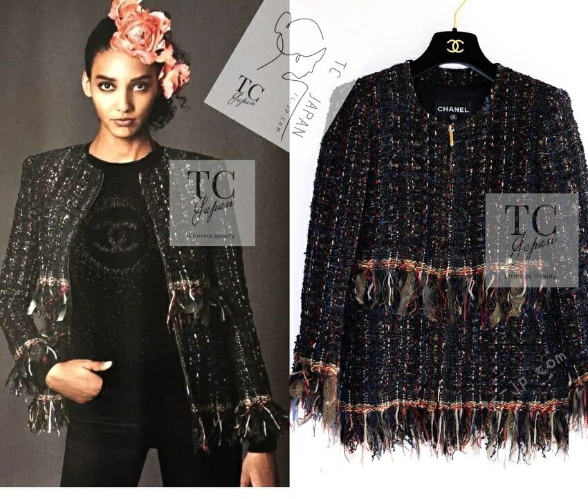 [中古] シャネル 上衣 CHANEL 114万 黒いこと 赤いこと 青み  ツィード 超美品 長い巻き毛 ラガーフェルド 最高峰メティエダール 価値高い 超美品 34