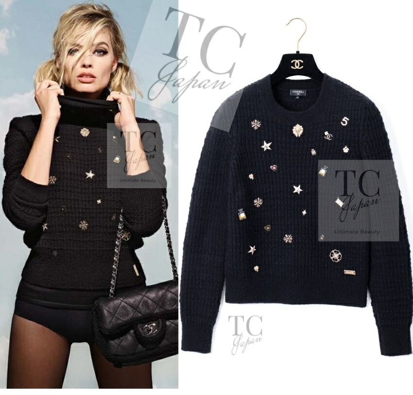 [中古] シャネル セーター CHANEL ブラック カシミヤ シルク ウール CC 5 ライオン ロゴ 装飾 トップス 豪華 人気 超美品 34 36