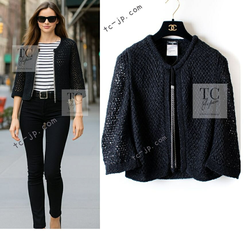[中古] シャネル カーディガン CHANEL ブラック 黒 CC シルバー チェーン コットン ストレッチ 上質 ポインテル編み ニット ニット 人気 定番 超美品 40 42｜TC-Japan 店